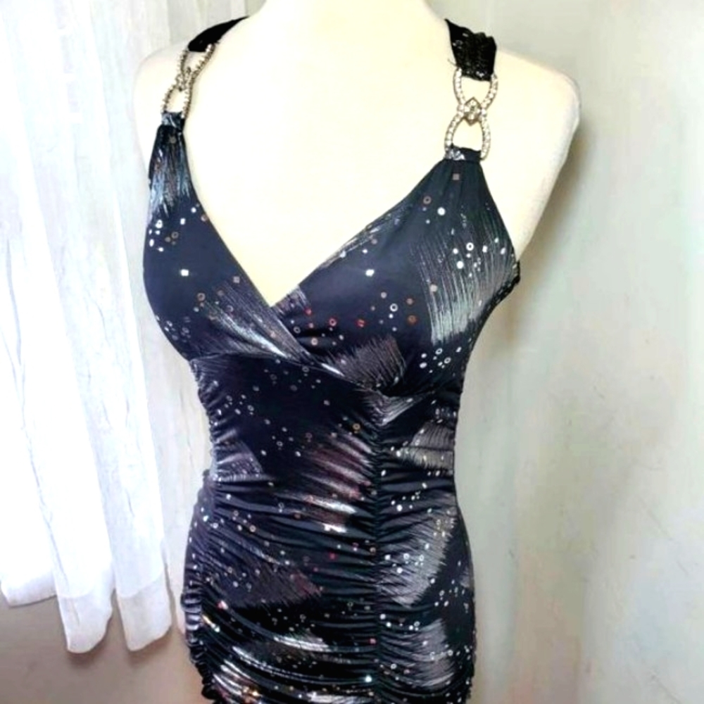 Dress Taboo Women Low Neckline Crossed Cutout Back Silver Sparkle Black Dresses - Picture 2 of 11